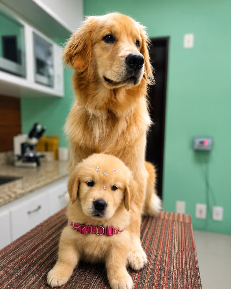 Golden retriever adulto e filhote sobre a mesa de atendimento da cl&iacute;nica.
