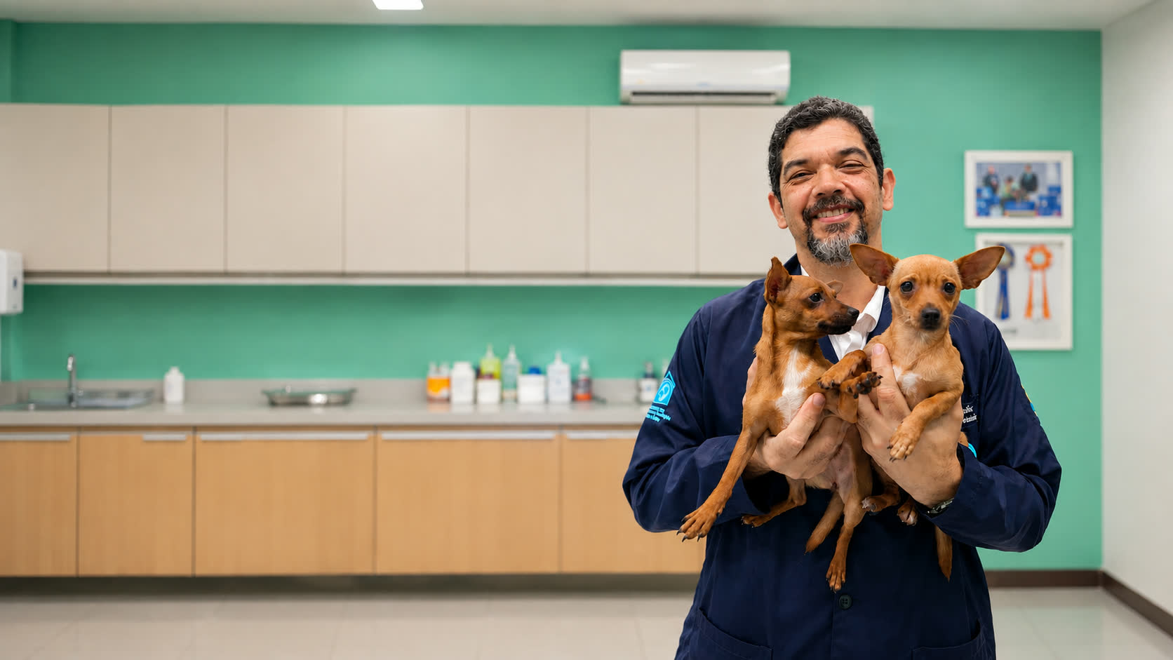 Médico veterinário da Insemina Pet segurando dois cães de pequeno porte no consultório da clínica, em Maceió.