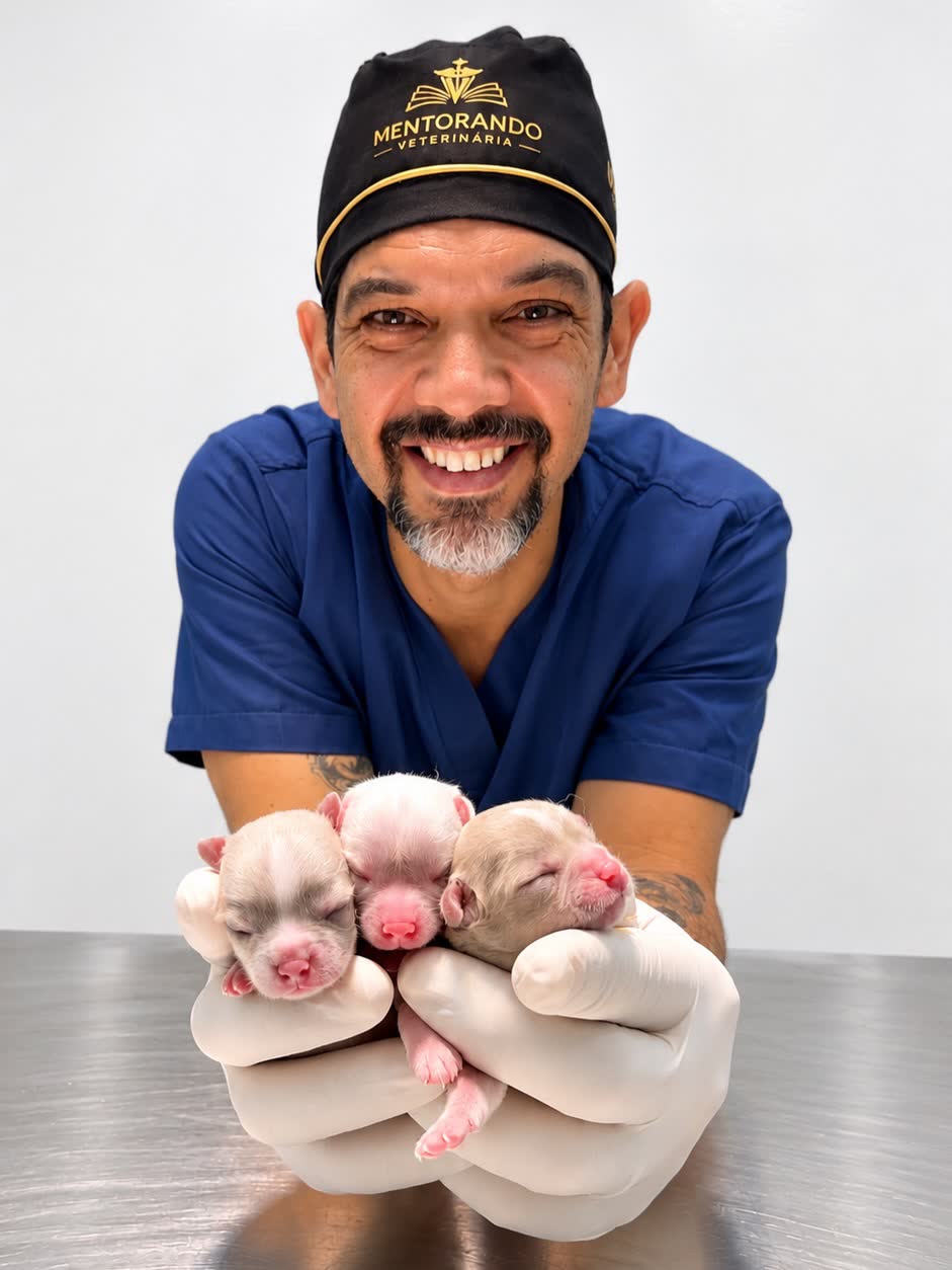 Dr. Dawys Peroba segurando tr&ecirc;s filhotes rec&eacute;m-nascidos nas m&atilde;os, na Insemina Pet.